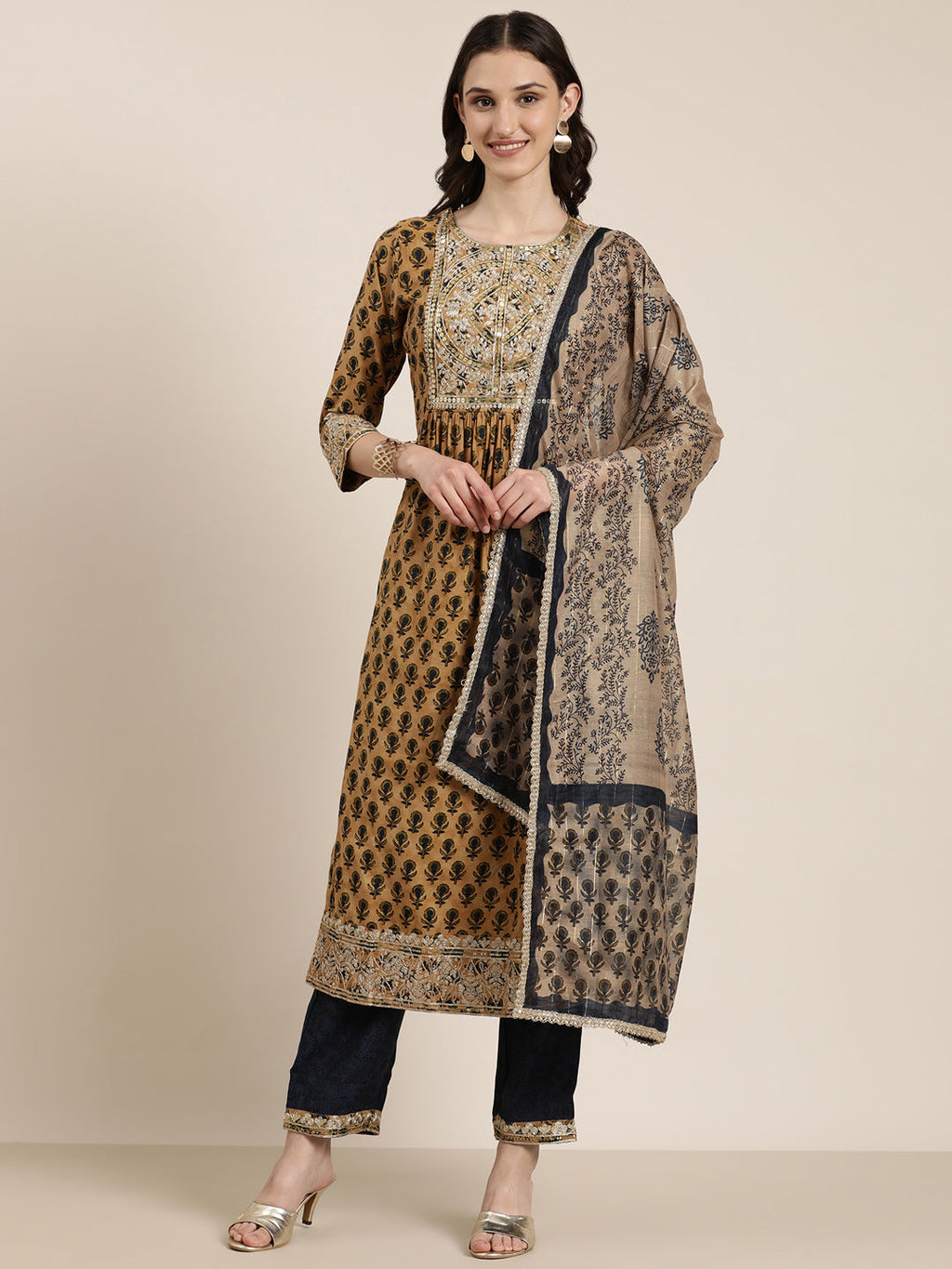 Women's Tan Floral Printed Thread Work Kurta Set With Dupatta