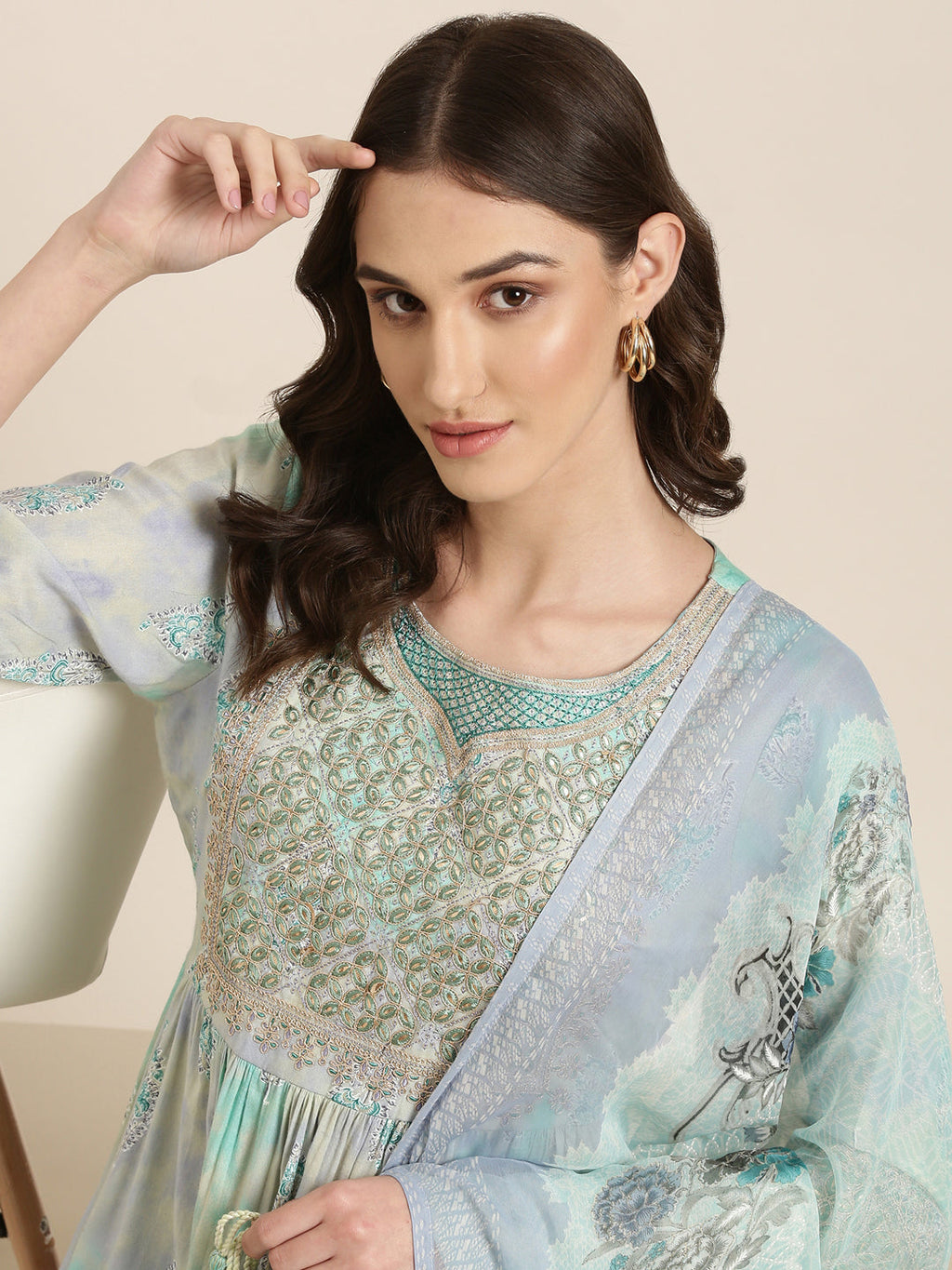 Women's Turquoise Blue Floral Printed Thread Work Kurta Set with Dupatta