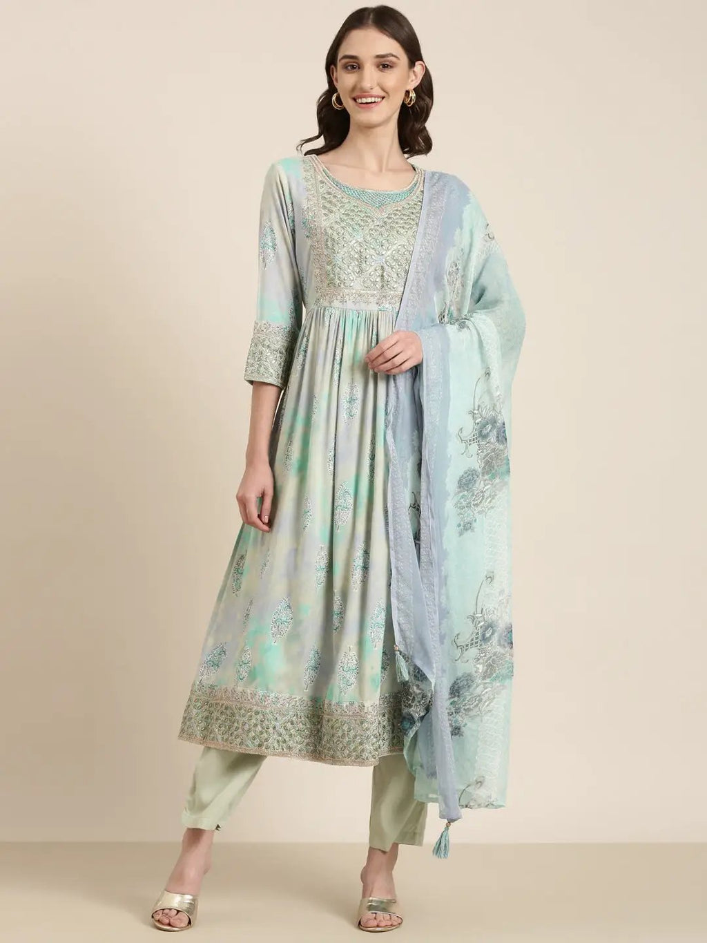 Women's Turquoise Blue Floral Printed Thread Work Kurta Set with Dupatta