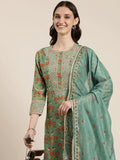 Women's Green Floral Printed Regular Gotta Patti Kurta Set With Dupatta