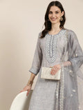 Women's Grey Floral Printed Sequinned Straight Kurta Set With Dupatta