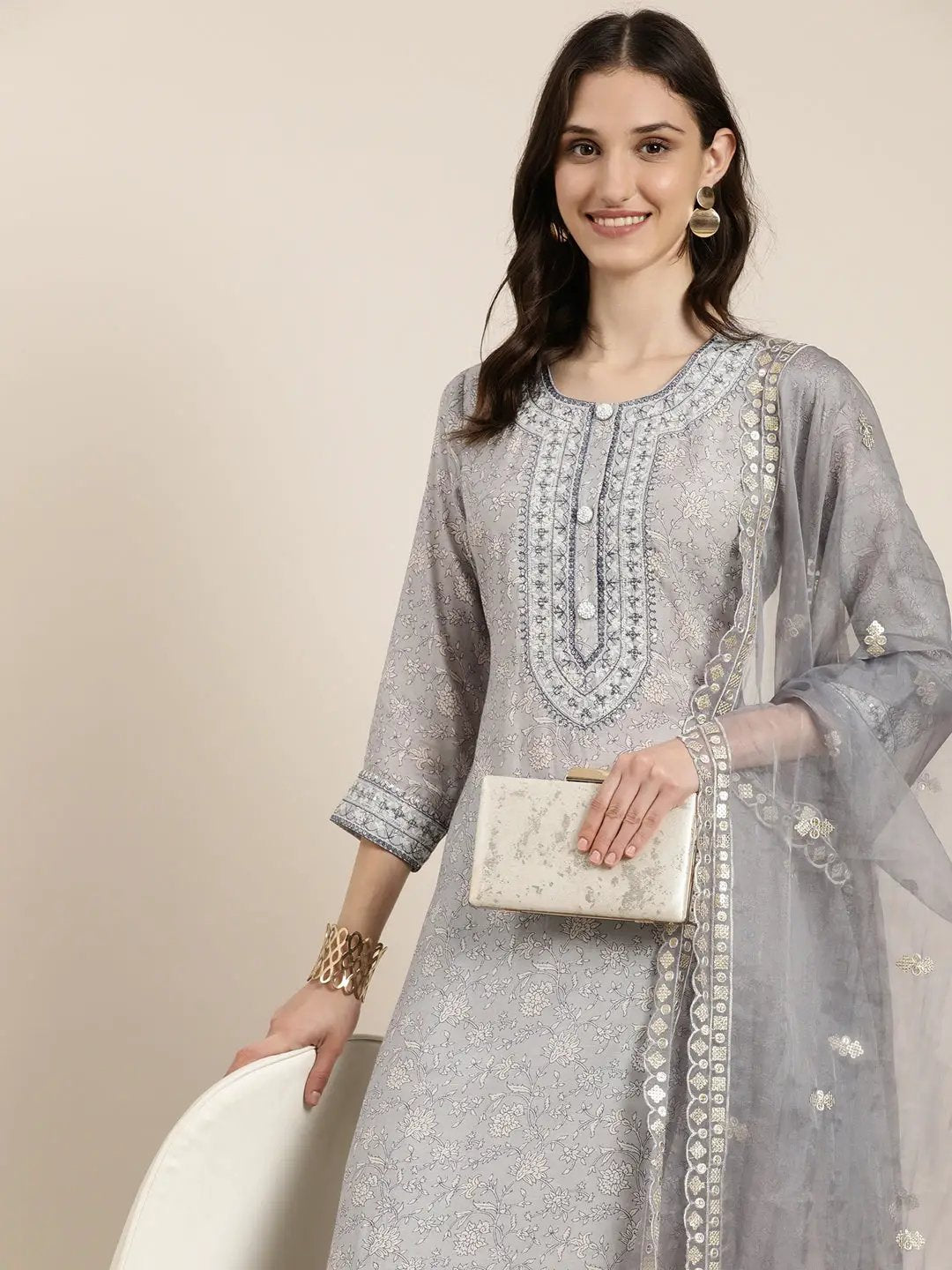 Women's Grey Floral Printed Sequinned Straight Kurta Set With Dupatta