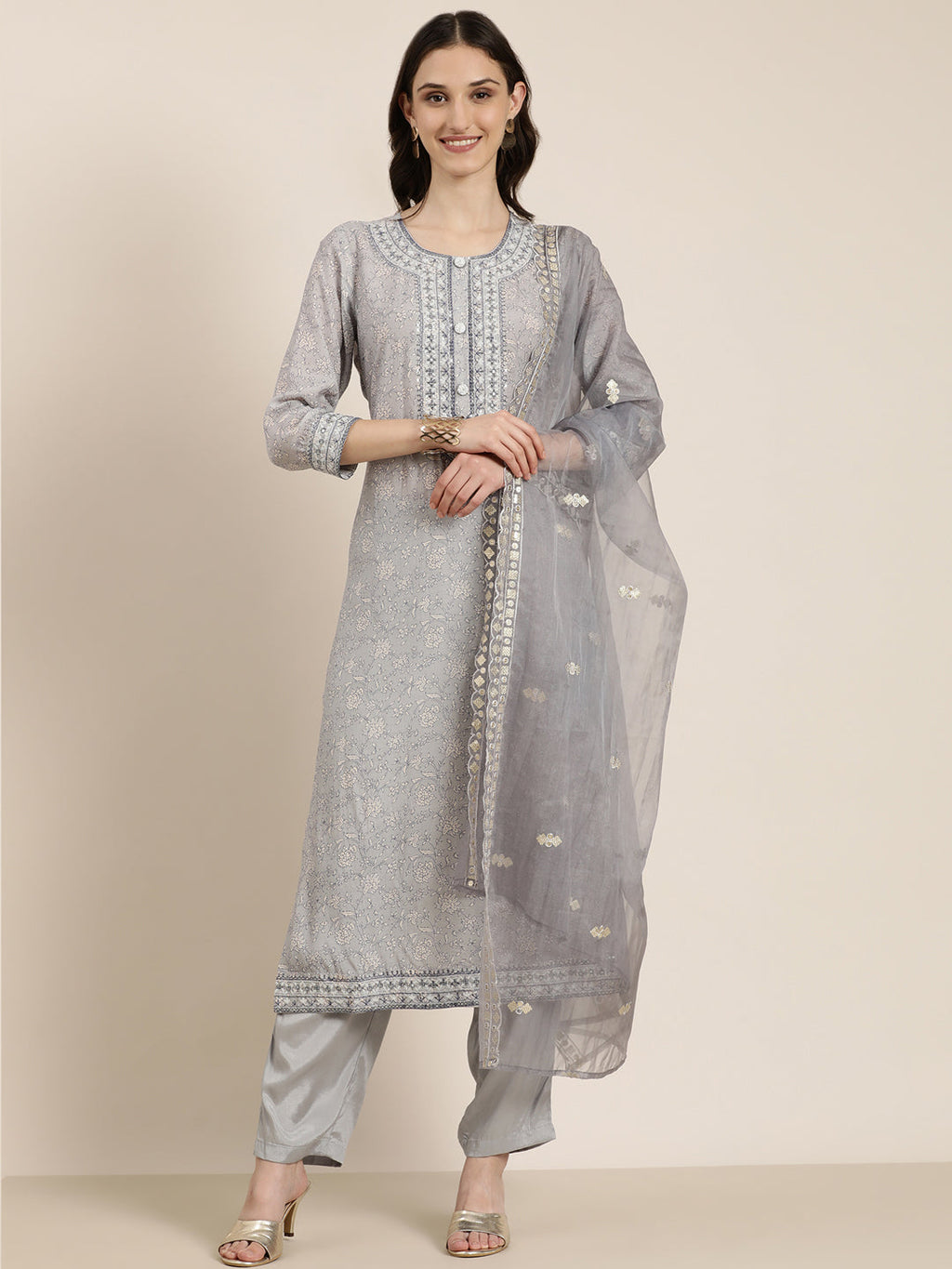 Women's Grey Floral Printed Sequinned Straight Kurta Set With Dupatta