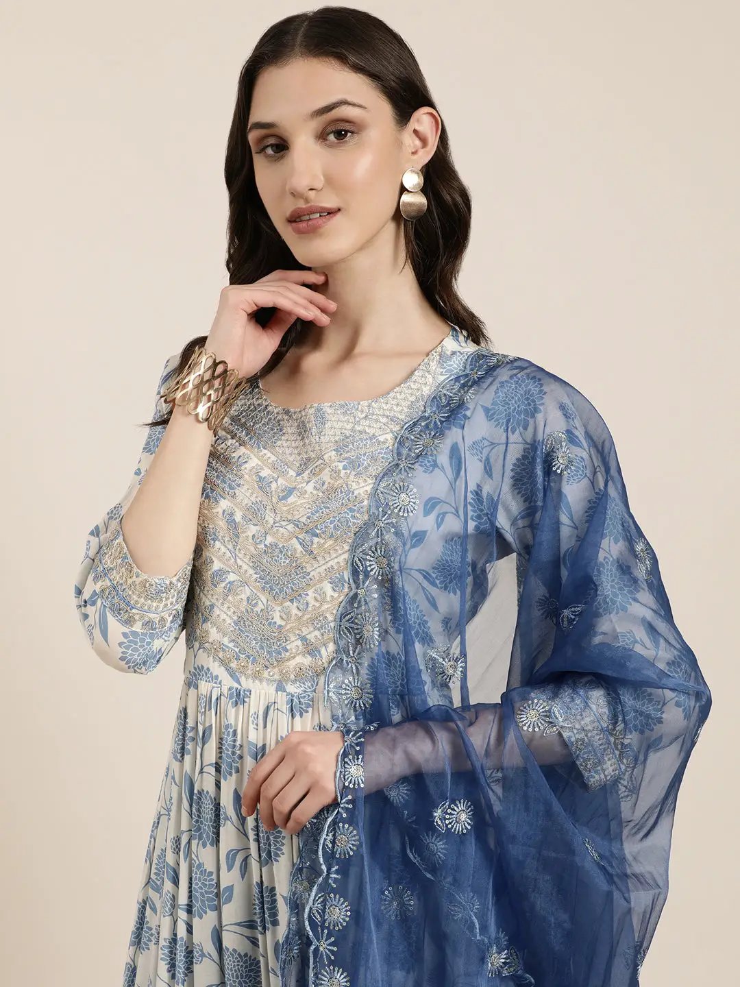 Women's Cream Floral Printed Empire Thread Work Kurta Set With Dupatta