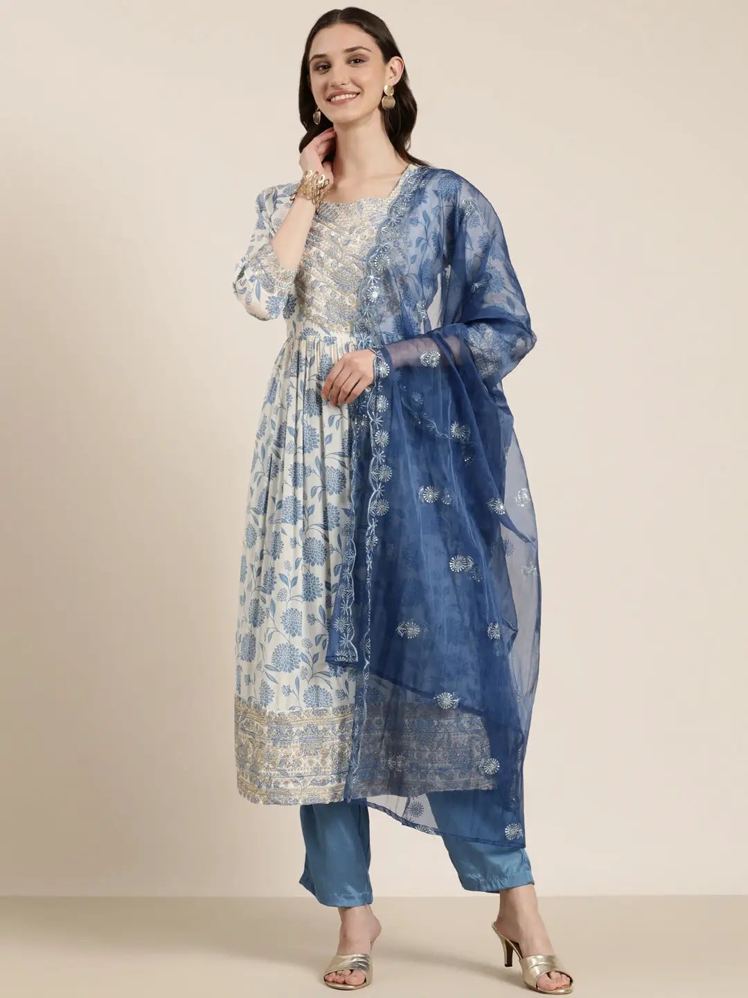 Women's Cream Floral Printed Empire Thread Work Kurta Set With Dupatta