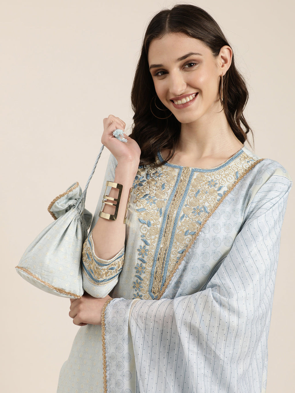Women's Blue Ethnic Motifs Printed Thread Work Detailed Straight Kurta Set With Dupatta