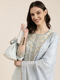 Women's Blue Ethnic Motifs Printed Thread Work Detailed Straight Kurta Set With Dupatta