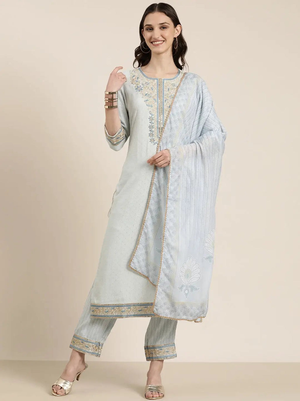 Women's Blue Ethnic Motifs Printed Thread Work Detailed Straight Kurta Set With Dupatta
