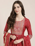 Women's Fuchsia Bandhani Printed Thread Work Anarkali Kurta Set With Dupatta