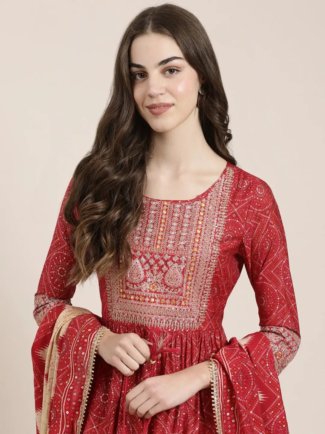 Women's Fuchsia Bandhani Printed Thread Work Anarkali Kurta Set With Dupatta