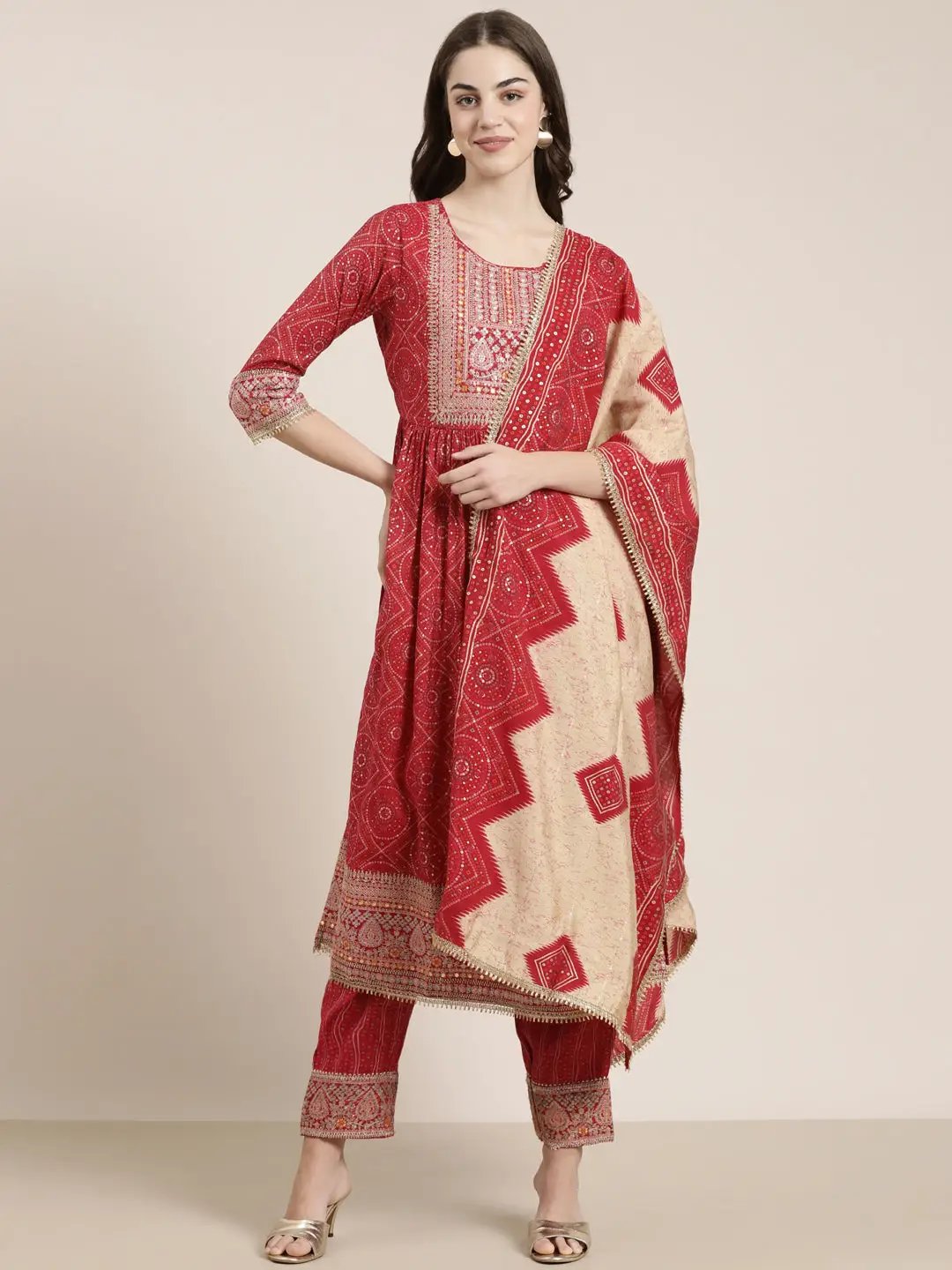 Women's Fuchsia Bandhani Printed Thread Work Anarkali Kurta Set With Dupatta