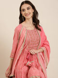Women's Coral Floral Embroidered Thread Work Straight Kurta Set With Dupatta