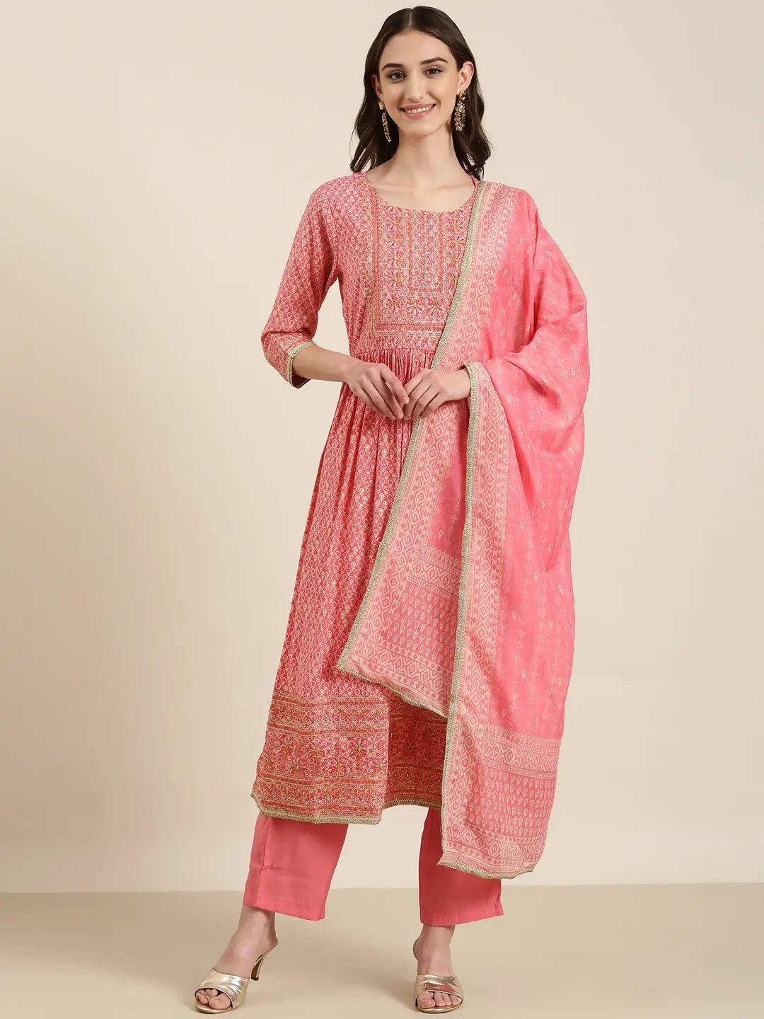 Women's Coral Floral Embroidered Thread Work Straight Kurta Set With Dupatta