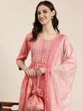 Women's Coral Abstract Printed Thread Work Kurta Set with Dupatta