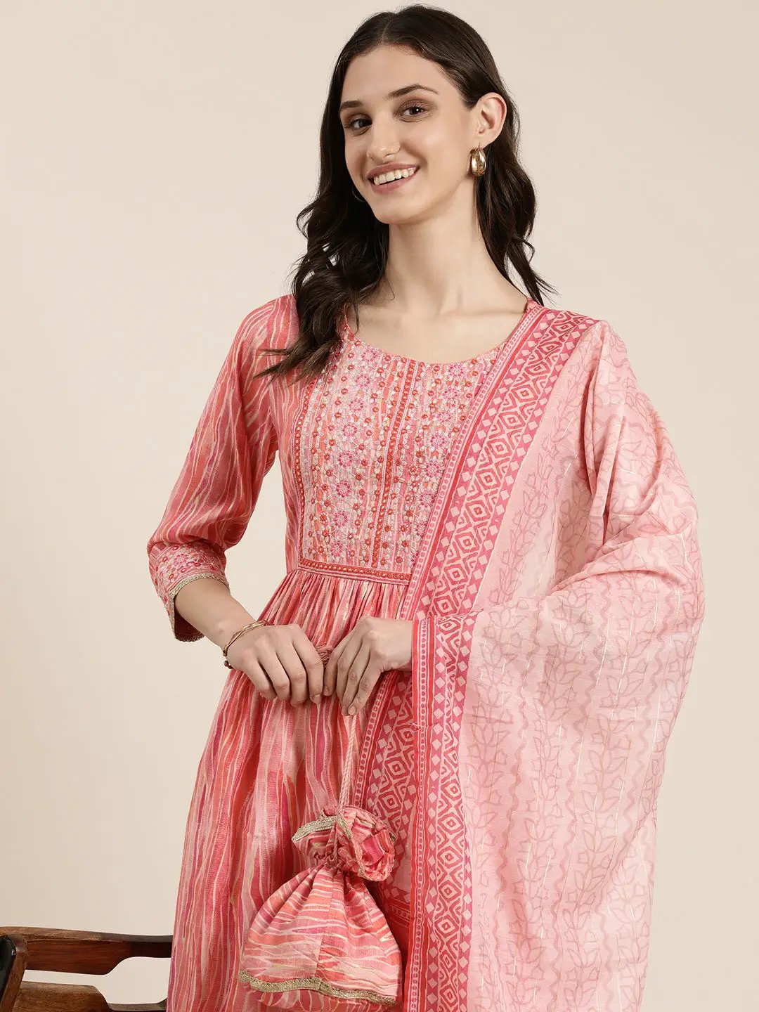 Women's Coral Abstract Printed Thread Work Kurta Set with Dupatta