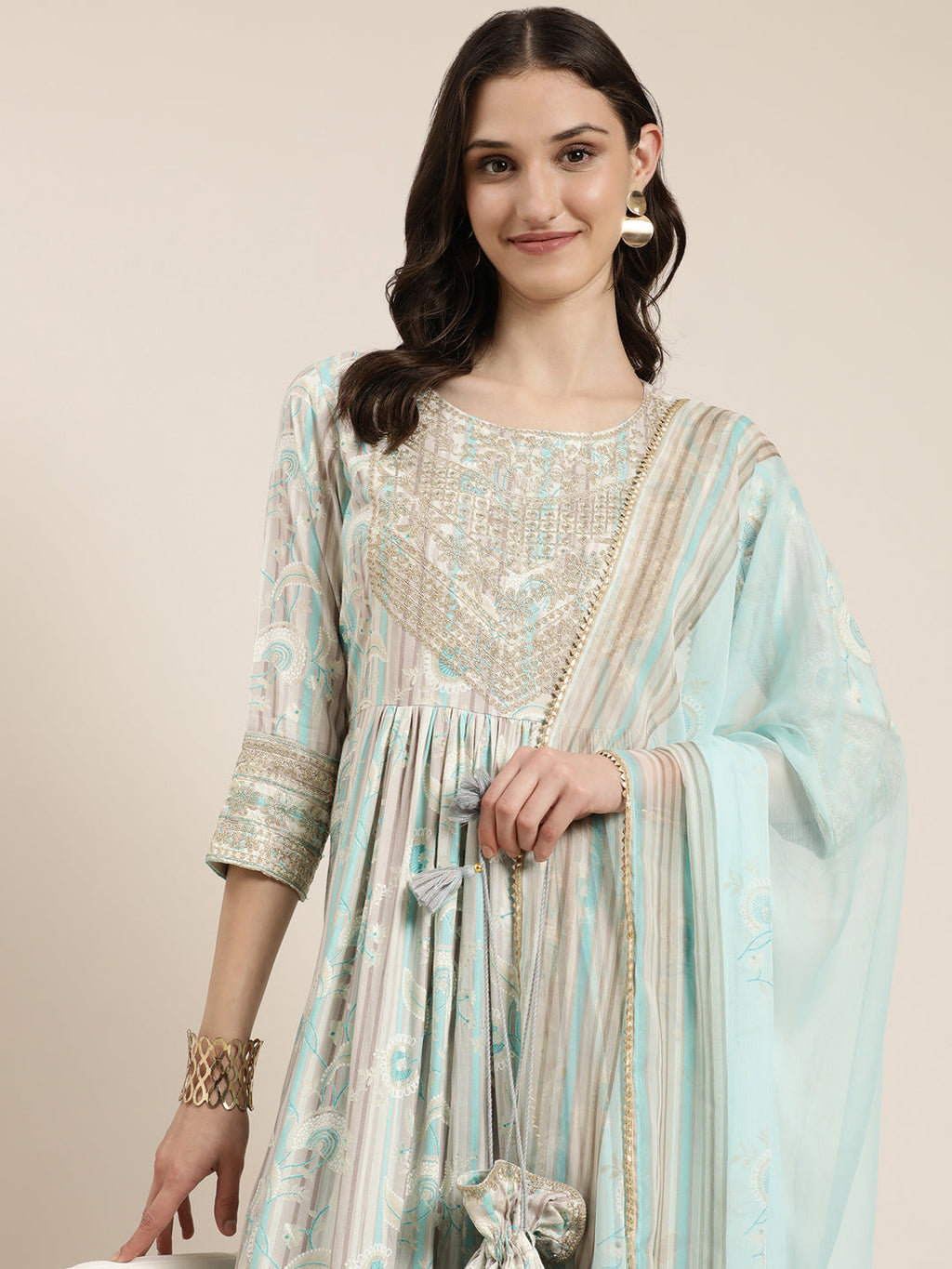Women's Turquoise Blue Floral Printed Empire Thread Work Kurta Set With Dupatta