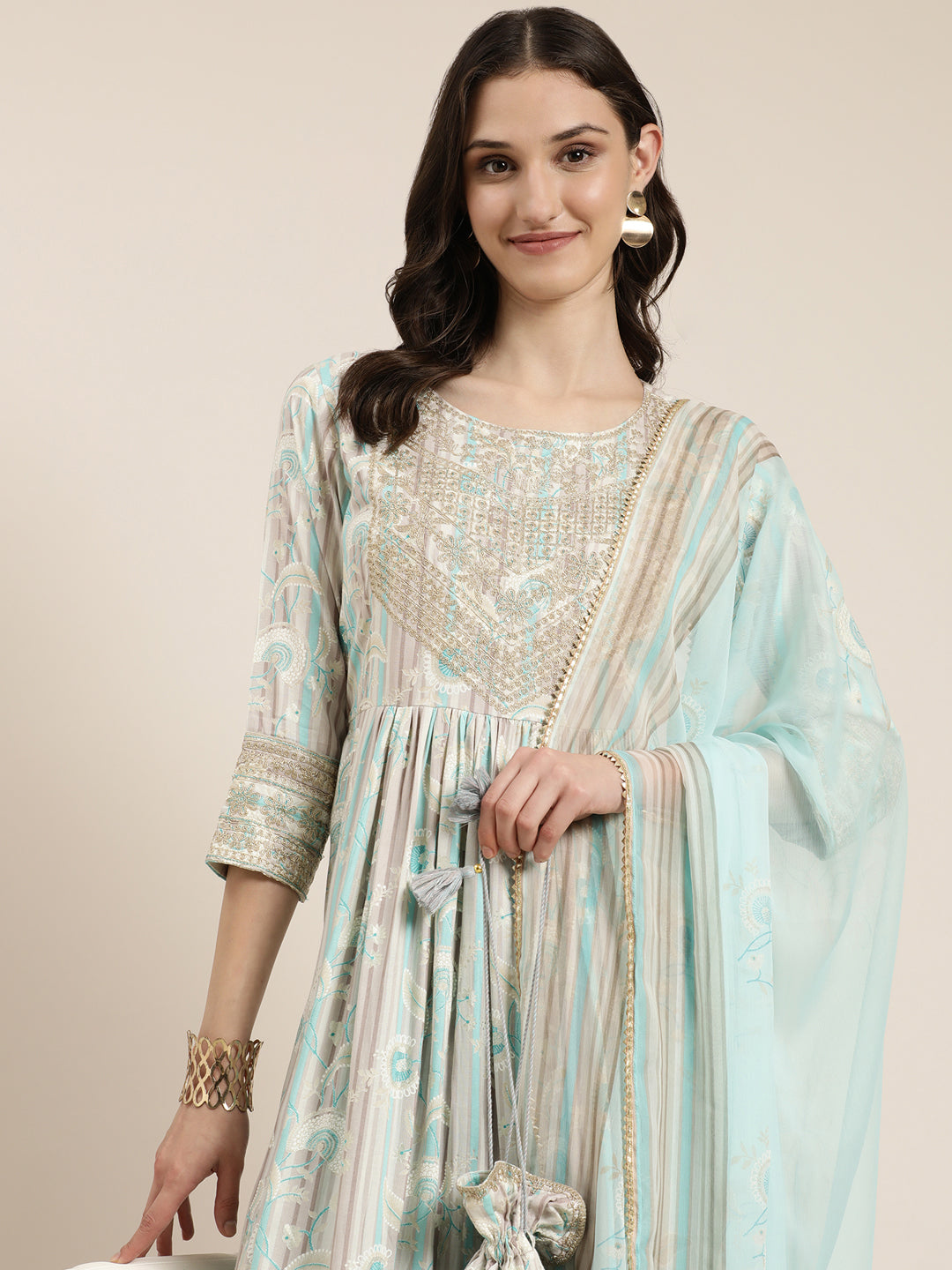Women's Turquoise Blue Floral Printed Empire Thread Work Kurta Set With Dupatta