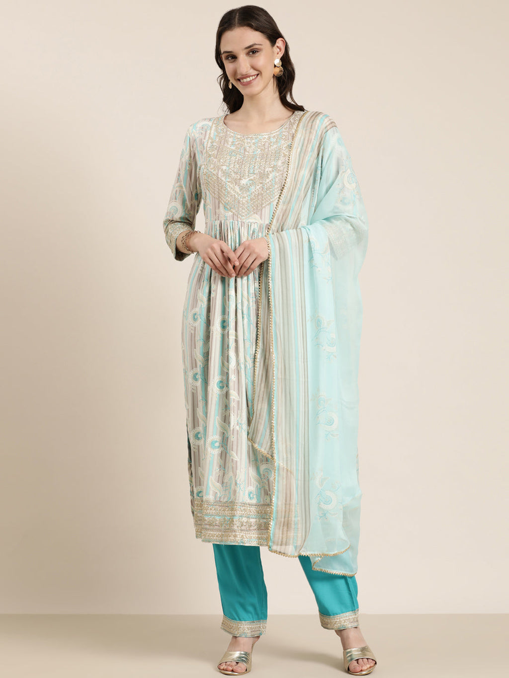 Women's Turquoise Blue Floral Printed Empire Thread Work Kurta Set With Dupatta