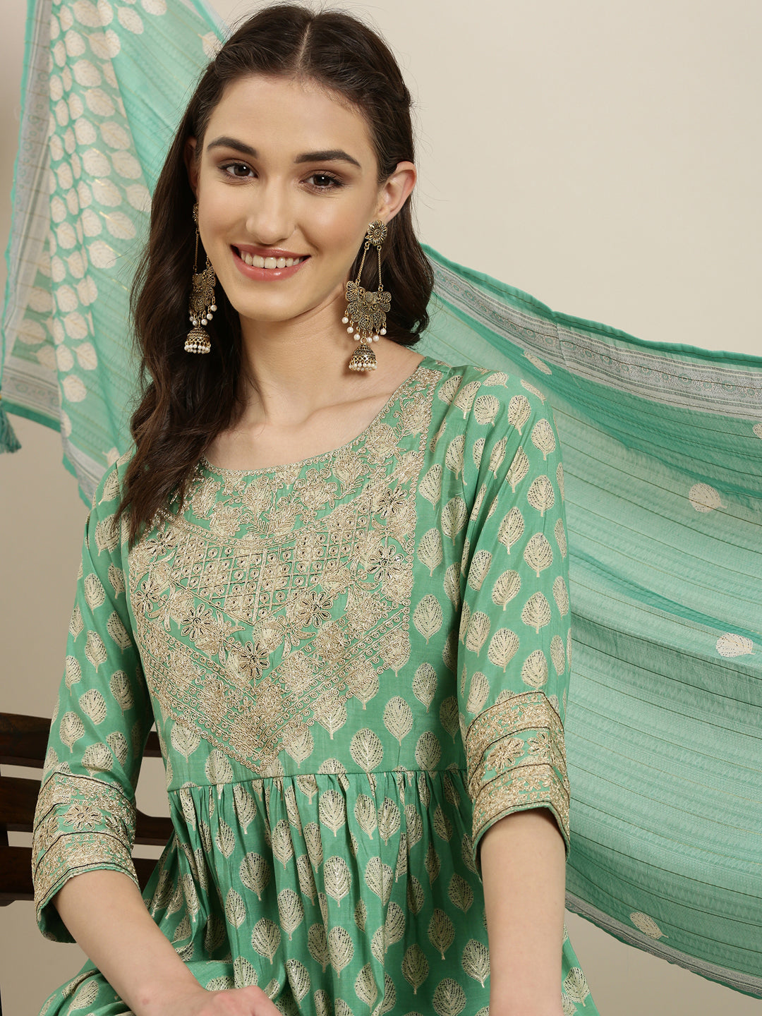 Women's Green Ethnic Motifs Printed Regular Thread Work Kurta Set With Dupatta