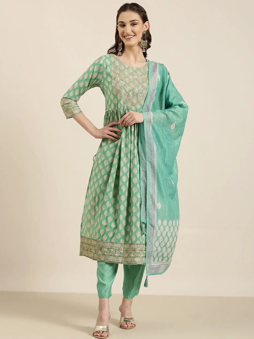 Women's Green Ethnic Motifs Printed Regular Thread Work Kurta Set With Dupatta