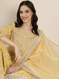 Women's Mustard Floral Printed Gotta Patti Kurta Set With Dupatta