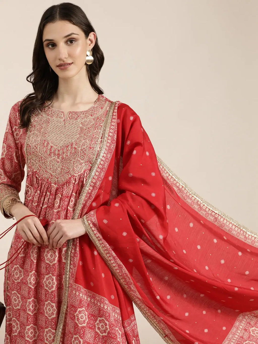 Women's Red Ethnic Motifs Printed Pleated Thread Work Straight Kurta Set With Dupatta