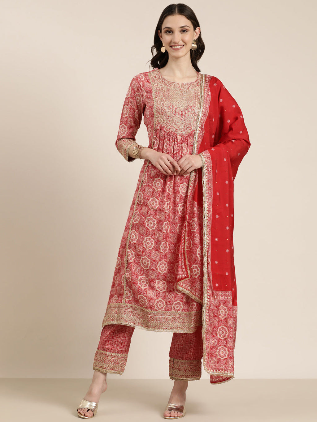 Women's Red Ethnic Motifs Printed Pleated Thread Work Straight Kurta Set With Dupatta