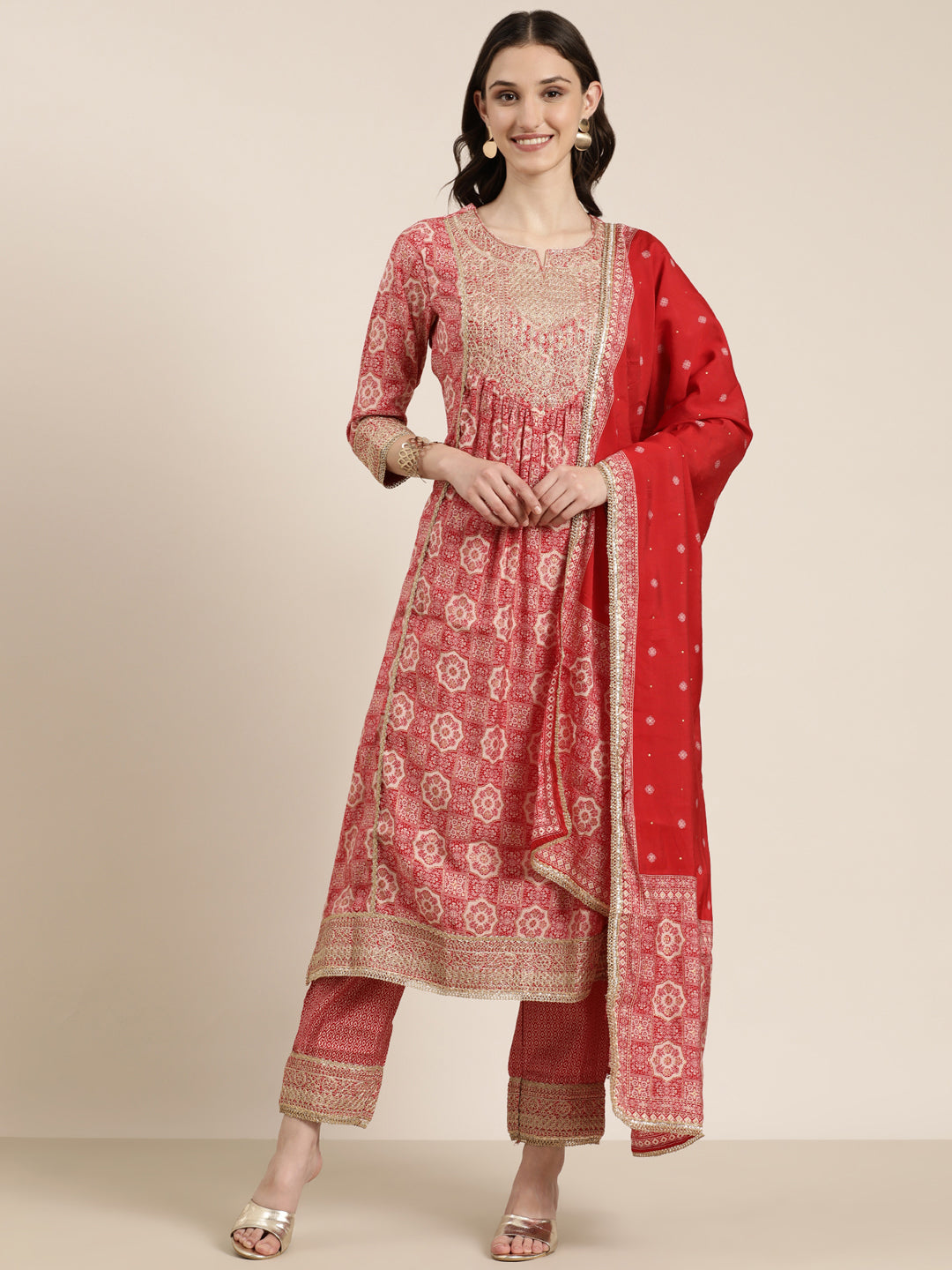 Women's Red Ethnic Motifs Printed Pleated Thread Work Straight Kurta Set With Dupatta