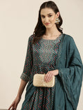 Women's Teal Leheriya Striped Empire Thread Work Kurta Set With Dupatta