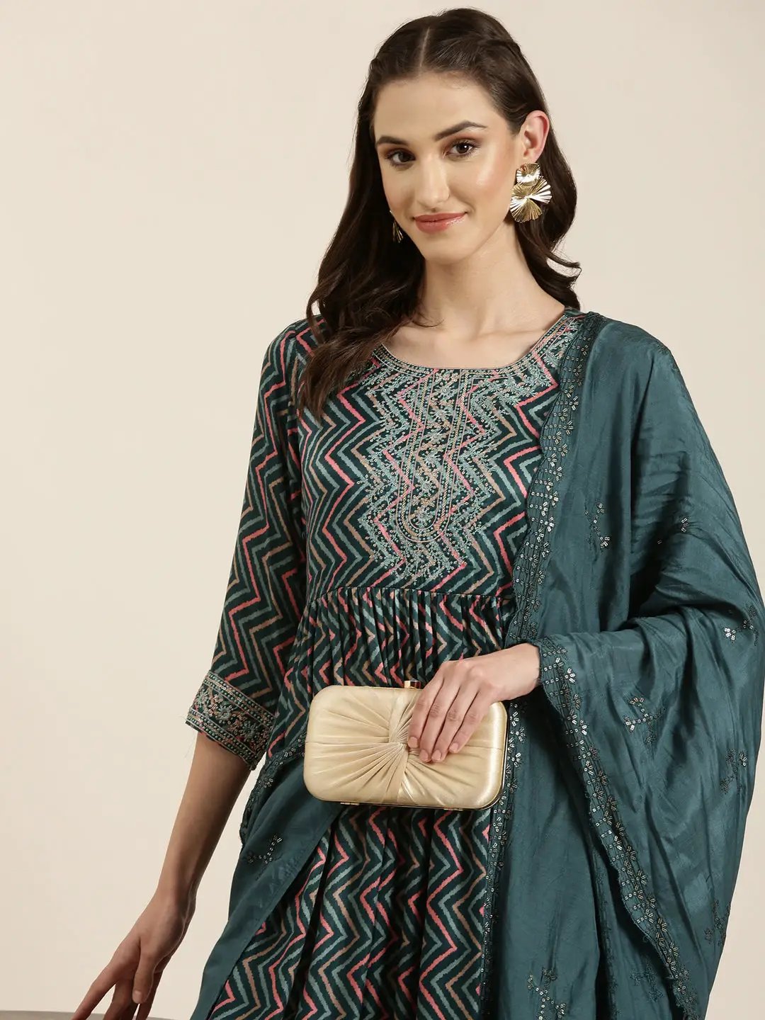 Women's Teal Leheriya Striped Empire Thread Work Kurta Set With Dupatta