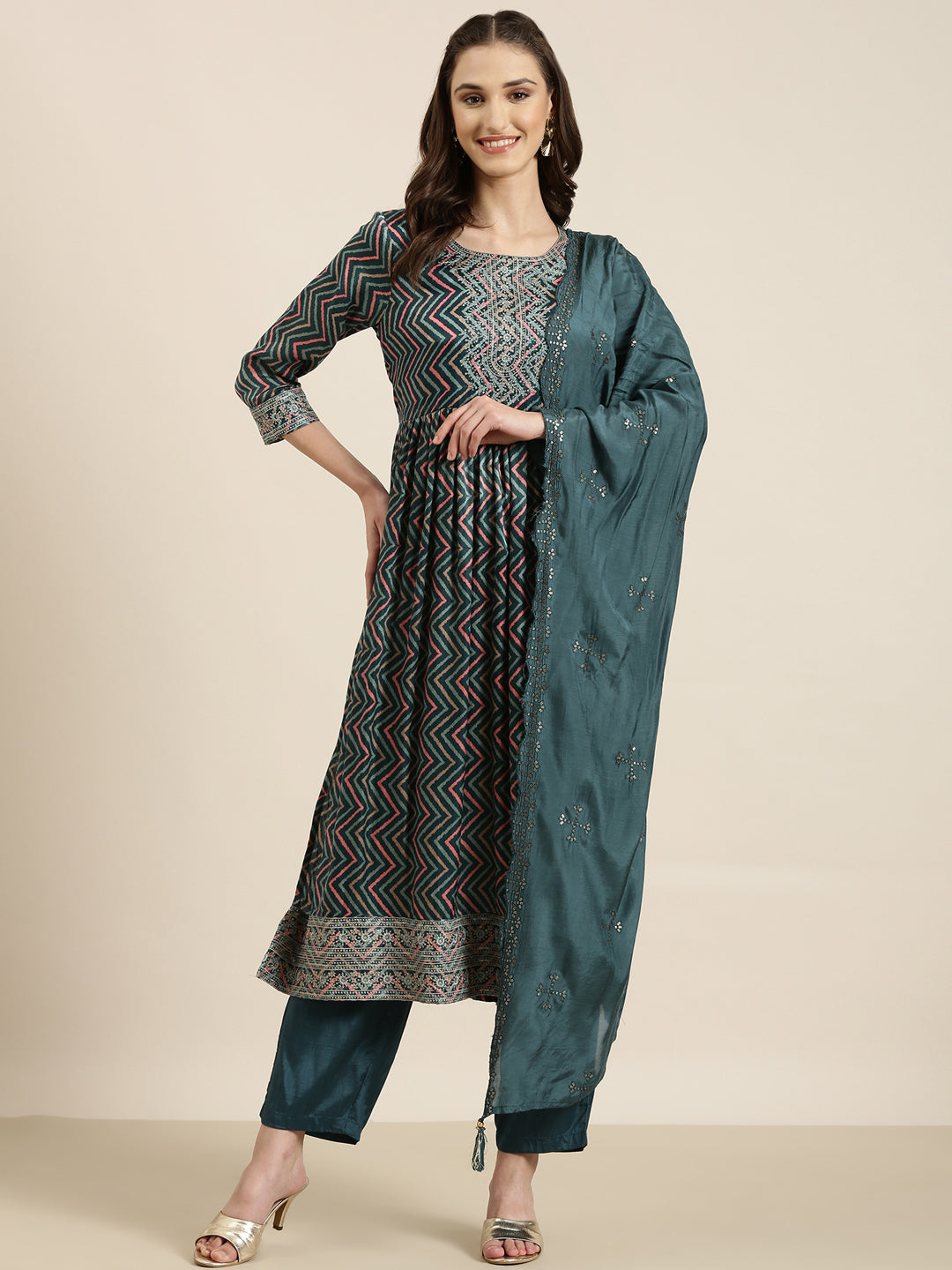 Women's Teal Leheriya Striped Empire Thread Work Kurta Set With Dupatta
