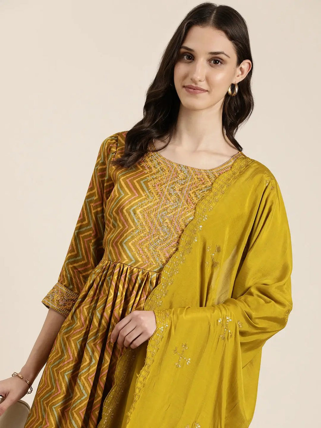 Women's Lime Green Chevron Printed High Slit Sequinned Kurta Set With Dupatta