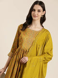 Women's Lime Green Chevron Printed High Slit Sequinned Kurta Set With Dupatta