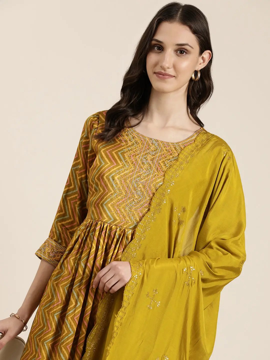 Women's Lime Green Chevron Printed High Slit Sequinned Kurta Set With Dupatta