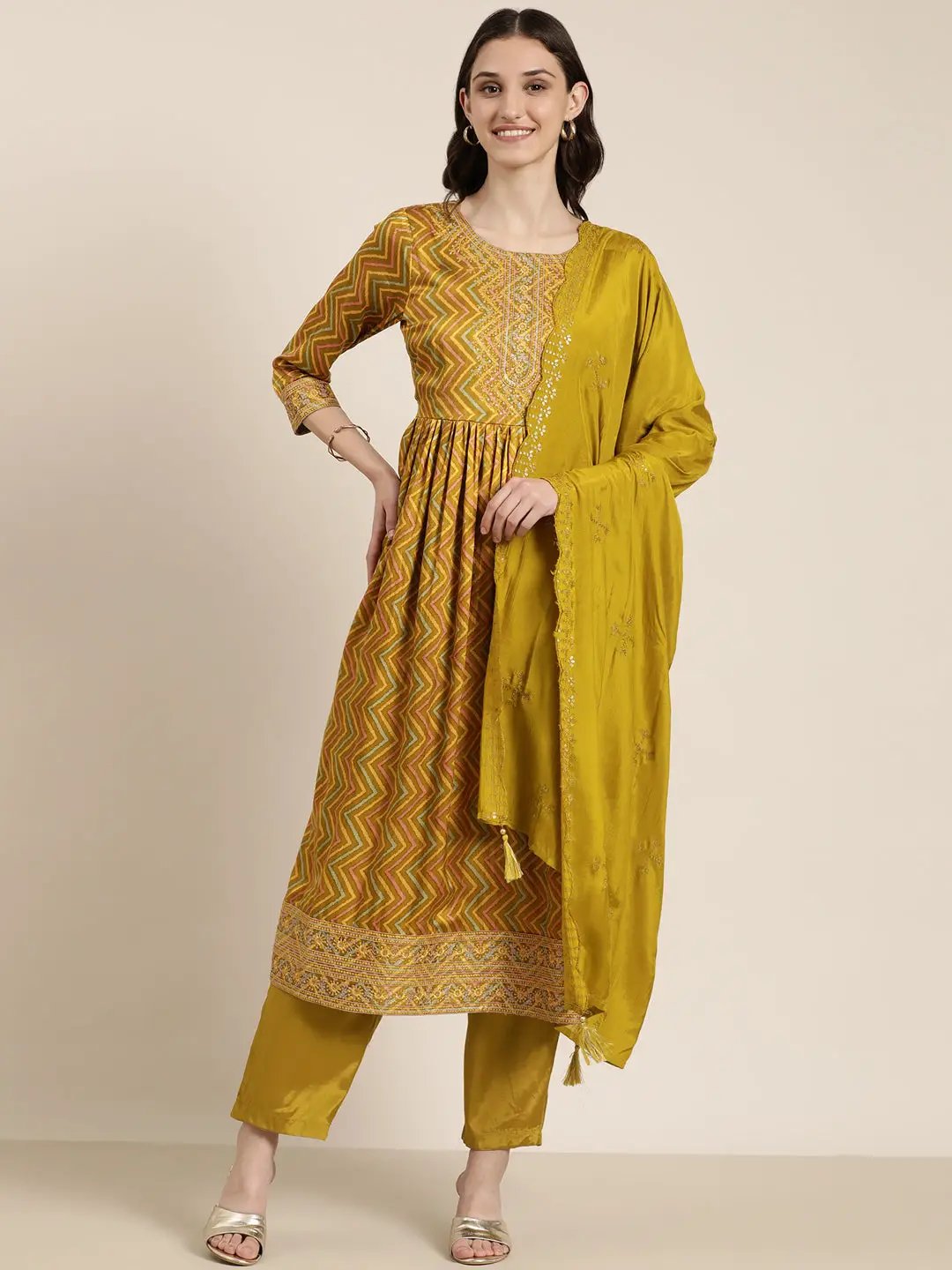 Women's Lime Green Chevron Printed High Slit Sequinned Kurta Set With Dupatta