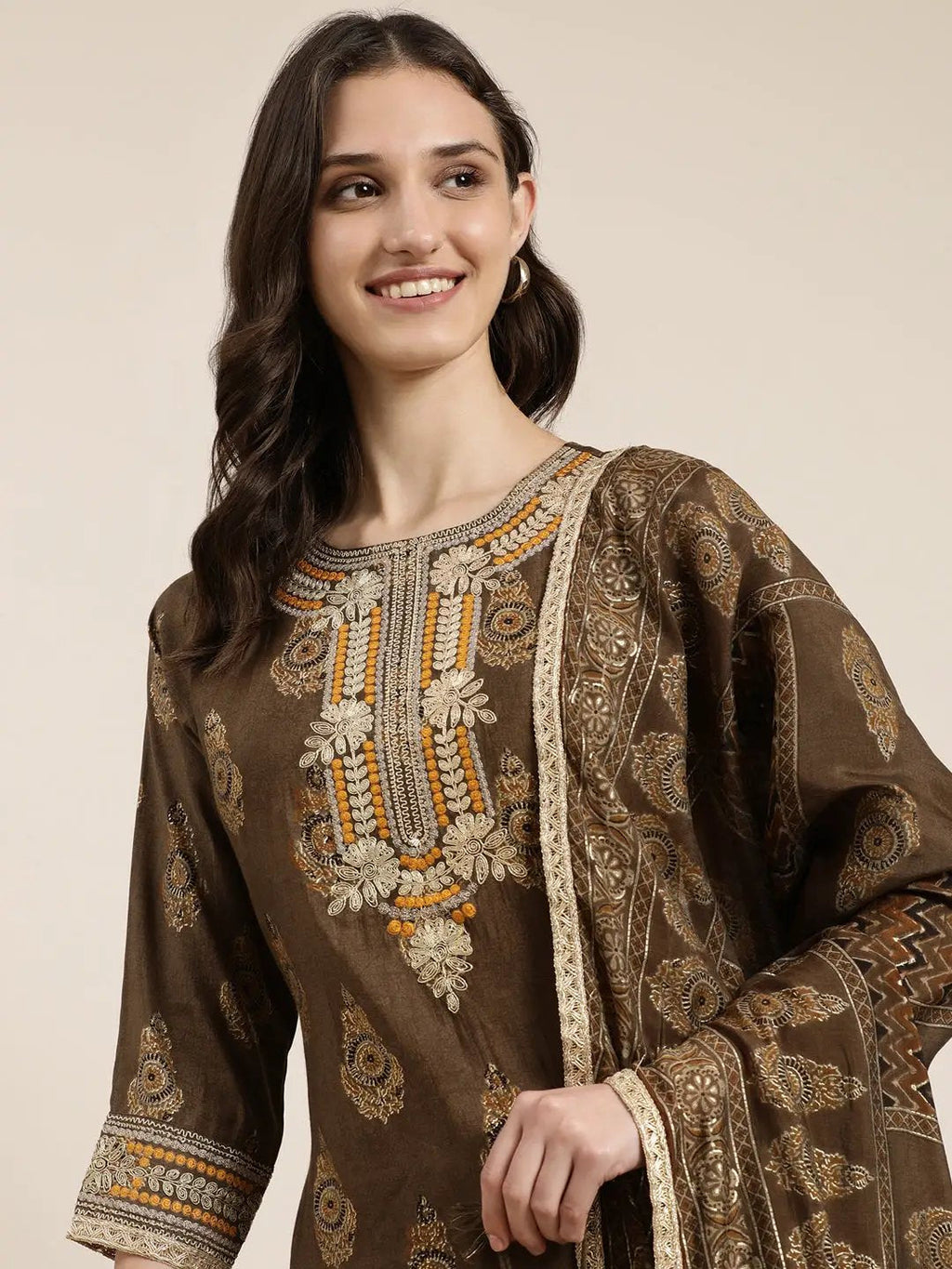 Women's Brown Ethnic Motifs Printed Thread Work Kurta Set With Dupatta