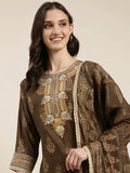 Women's Brown Ethnic Motifs Printed Thread Work Kurta Set With Dupatta