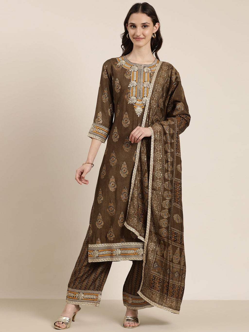 Women's Brown Ethnic Motifs Printed Thread Work Kurta Set With Dupatta