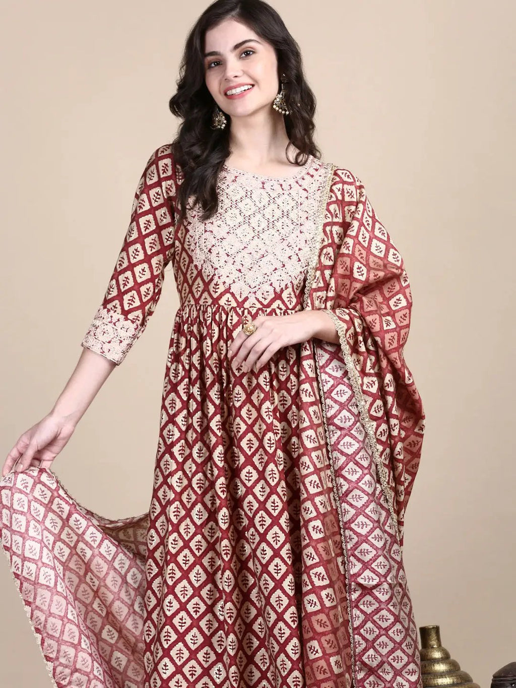 Women's Maroon Graphic Kurta Set with Dupatta & Potli Bag