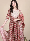 Women's Maroon Graphic Kurta Set with Dupatta & Potli Bag