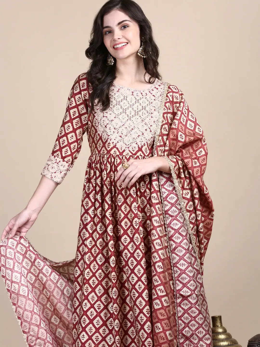 Women's Maroon Graphic Kurta Set with Dupatta & Potli Bag