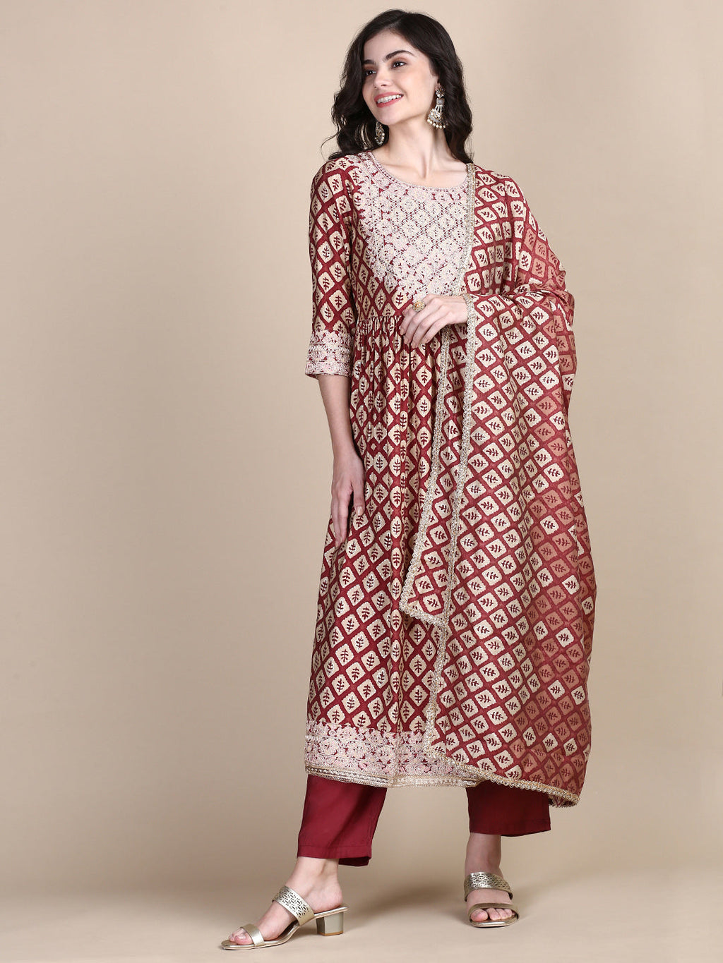 Women's Maroon Graphic Kurta Set with Dupatta & Potli Bag