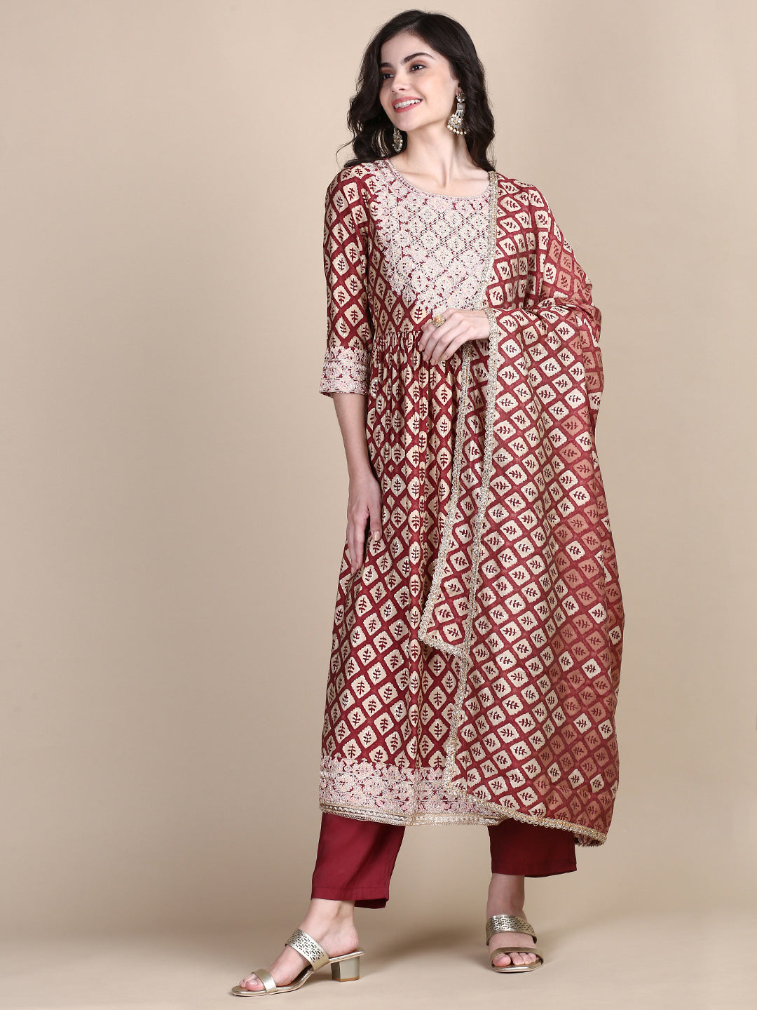 Women's Maroon Graphic Kurta Set with Dupatta & Potli Bag
