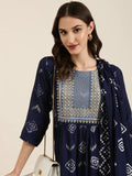 Women's Navy Blue Geometric Printed Sequinned Detailed Kurta Set With Dupatta