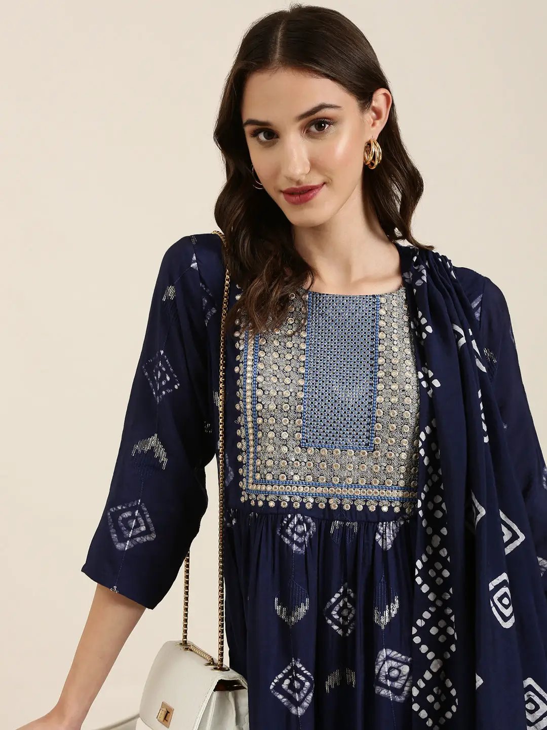 Women's Navy Blue Geometric Printed Sequinned Detailed Kurta Set With Dupatta