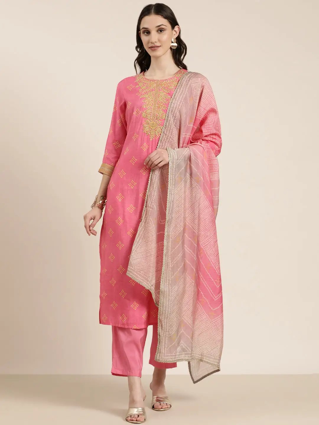 Women's Pink Regular Thread Work Kurta Set with Dupatta