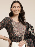 Women's Black Floral Printed Thread Work Kurta Set With Dupatta