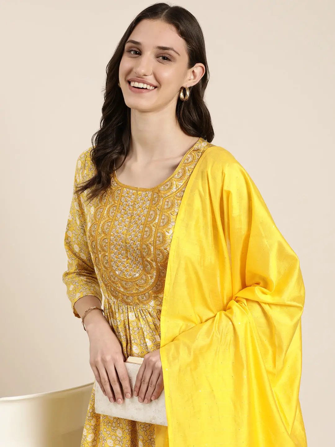 Women's Yellow Floral Printed Regular Thread Work Kurta Set With Dupatta