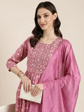 Women's Pink Floral Printed Regular Thread Work Kurta Set With Dupatta