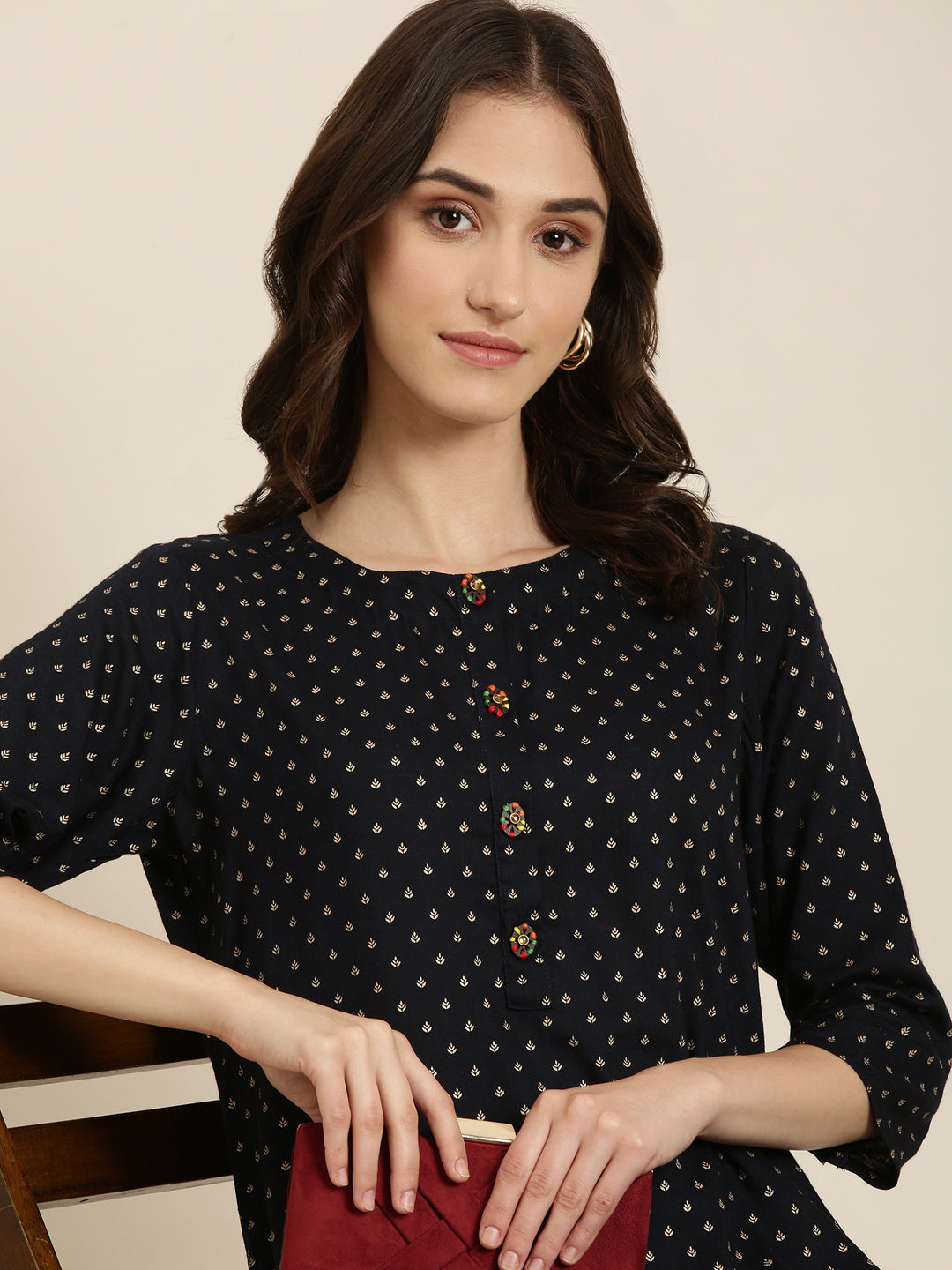 Women's Navy Blue Ethnic Motifs Printed Straight Kurta